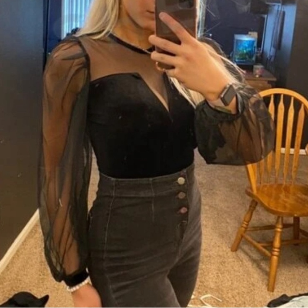 011 Luxe Black Sexy Sheer Sleeve Blouse - Picture 6 of 7